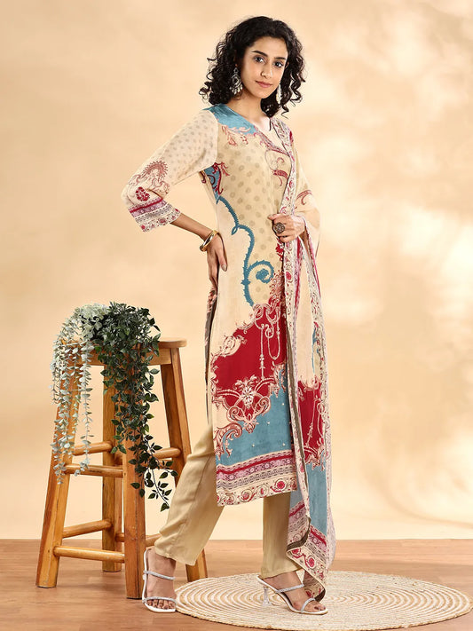 Beige Silk Crepe Cutdana_Work Straight Kurta Dupatta Pant Set-Yufta Store-8116SKDBGM