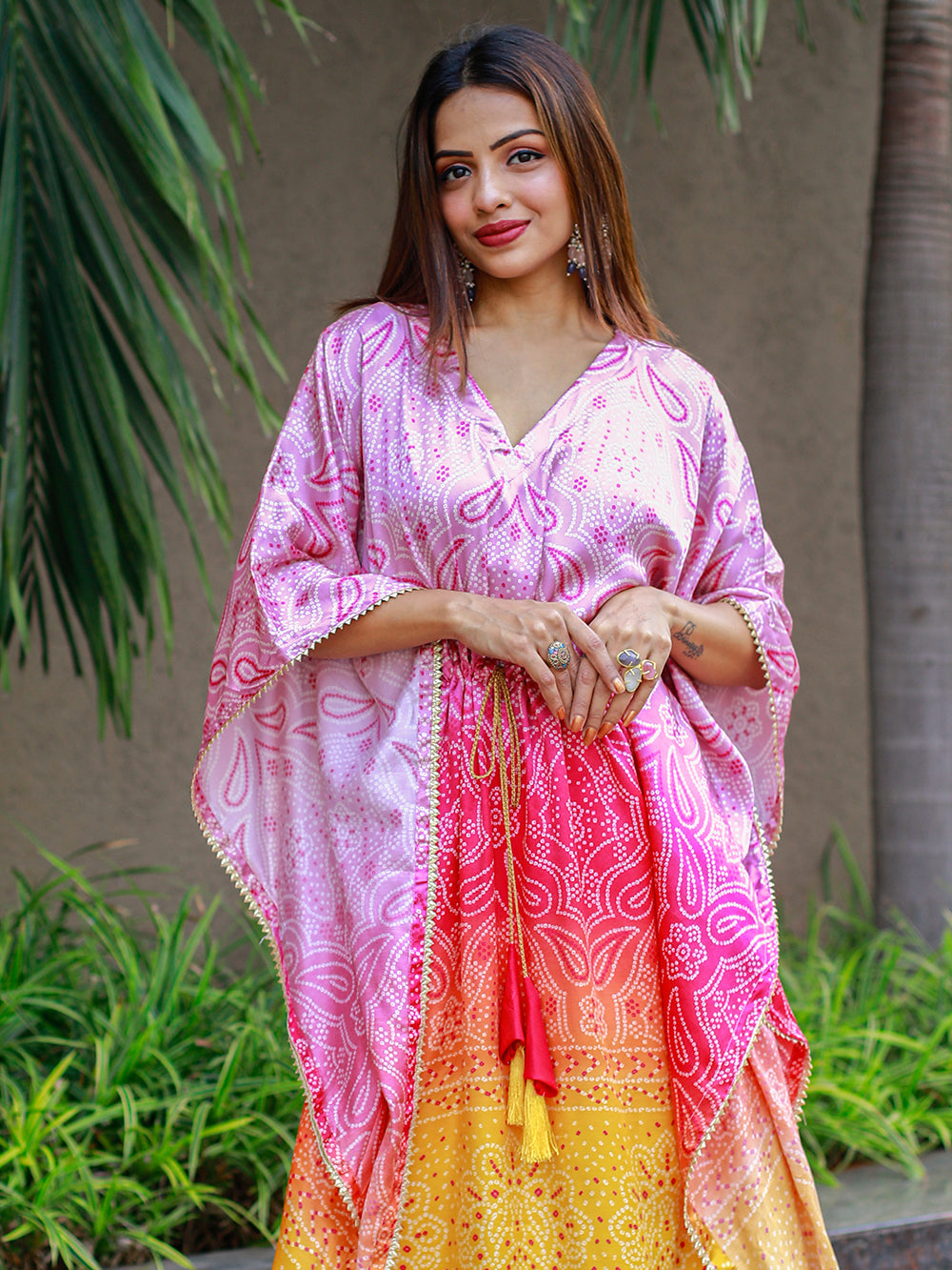 Bandhej Printed Kaftan with Gota Lace and Tassels