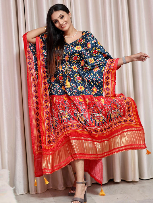 Ethnic Gaji Silk Kaftan Dress with Tassels