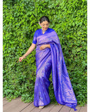 Blue Pure Soft Silk Saree With Matching Blouse