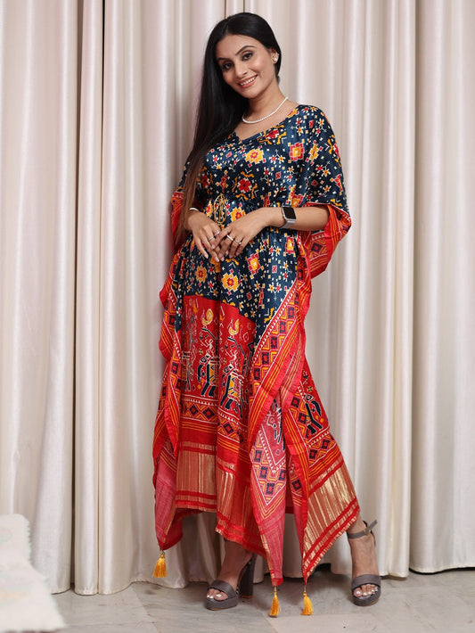 Multi Color Bandhani Gaji Silk Kaftan for Women