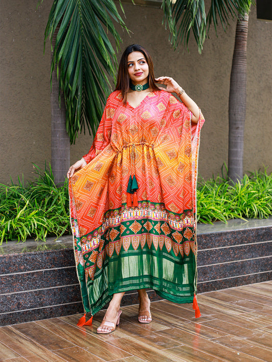 Multi Color Bandhej Digital Print Gaji Silk Kaftan for Women