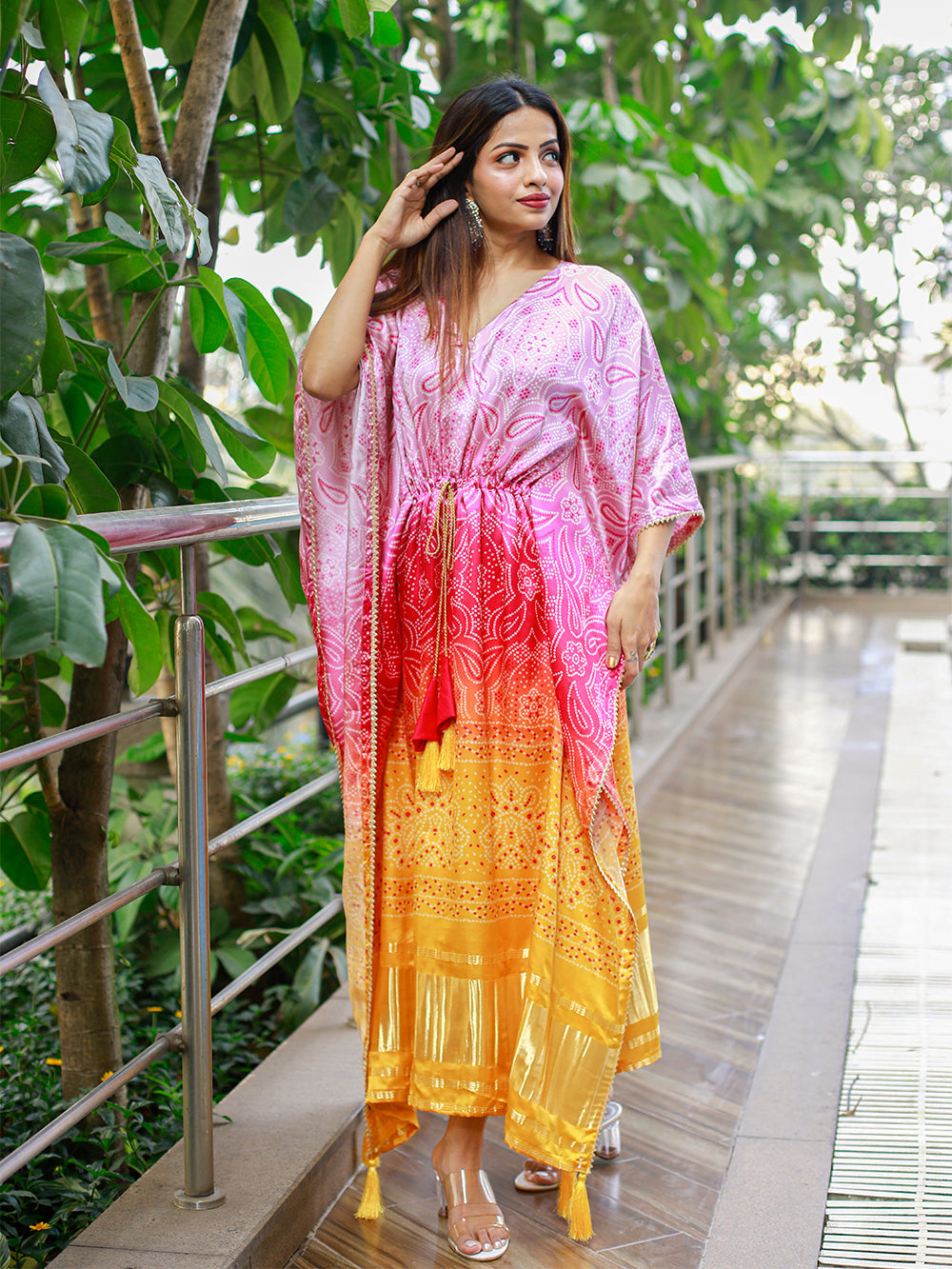 Multi Color Bandhej Print Gaji Silk Kaftan Dress