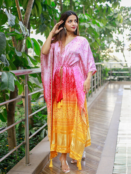 Multi Color Bandhej Print Gaji Silk Kaftan Dress