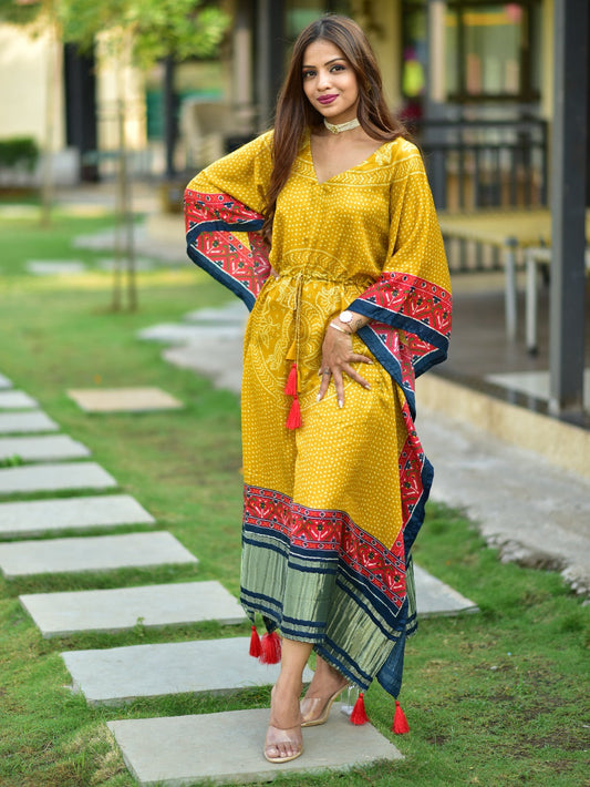 Mustard Gaji Silk Kaftan with Bandhej Print and Tassels
