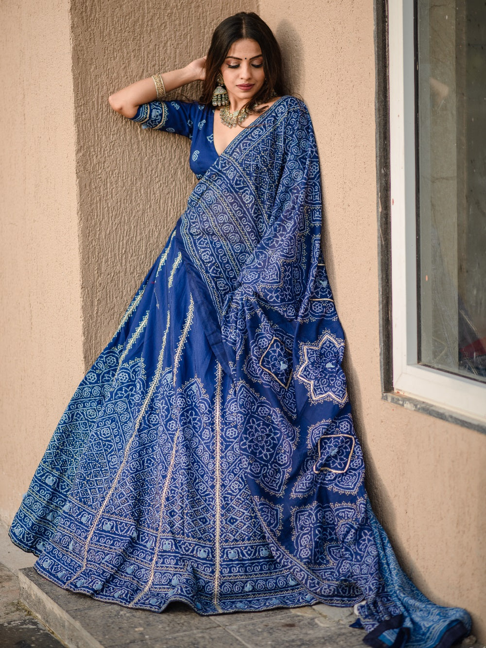 Navy Blue Bandhani Vaishali Silk Lehenga with Gota Work Dupatta