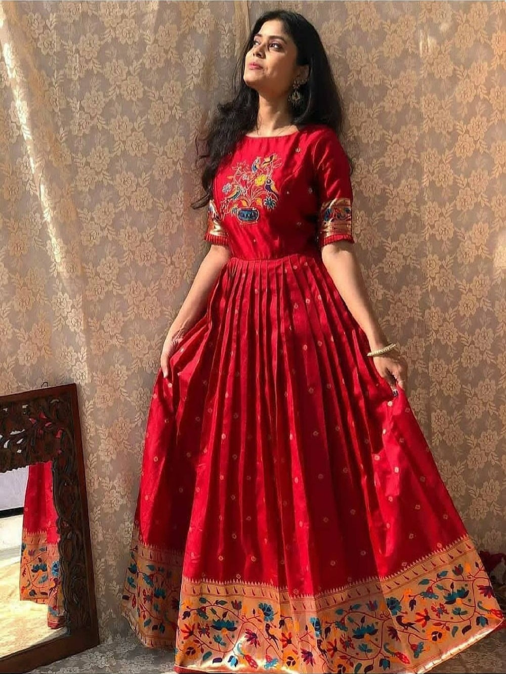 Red Banarasi Silk Paithani Dress with Zari Weaving for Women