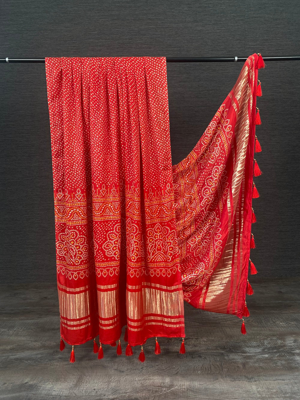 Red Bandhani Gaji Silk Dupatta with Tassels – Front View