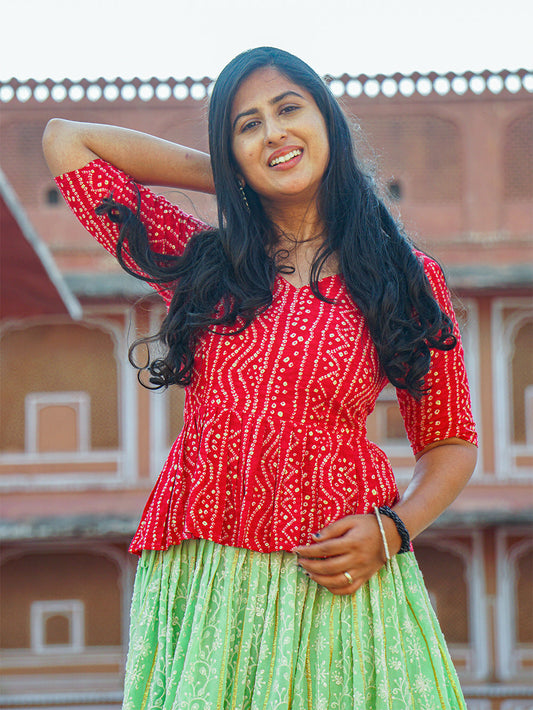 Red Cotton Printed Blouse with Foil Work