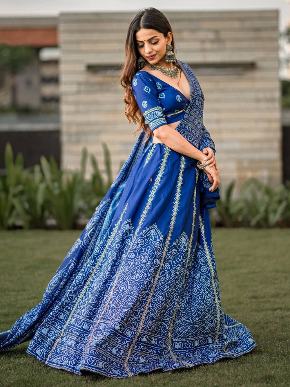 Semi Stitched Navy Blue Bandhani Lehenga for Women