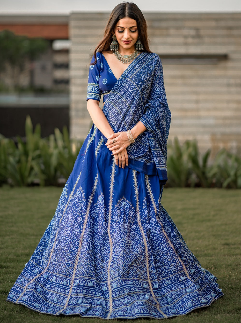 Navy Blue Bandhani Vaishali Silk Lehenga with Dupatta and Blouse