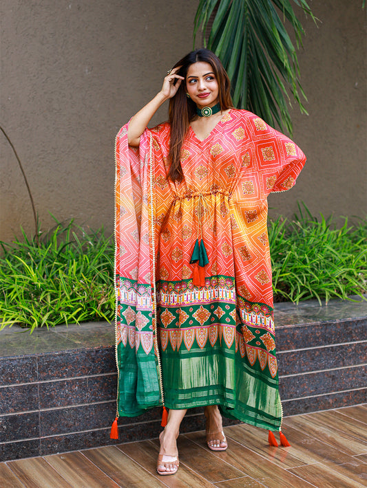 Vibrant Multi Color Gaji Silk Kaftan with Gota Patti Lace