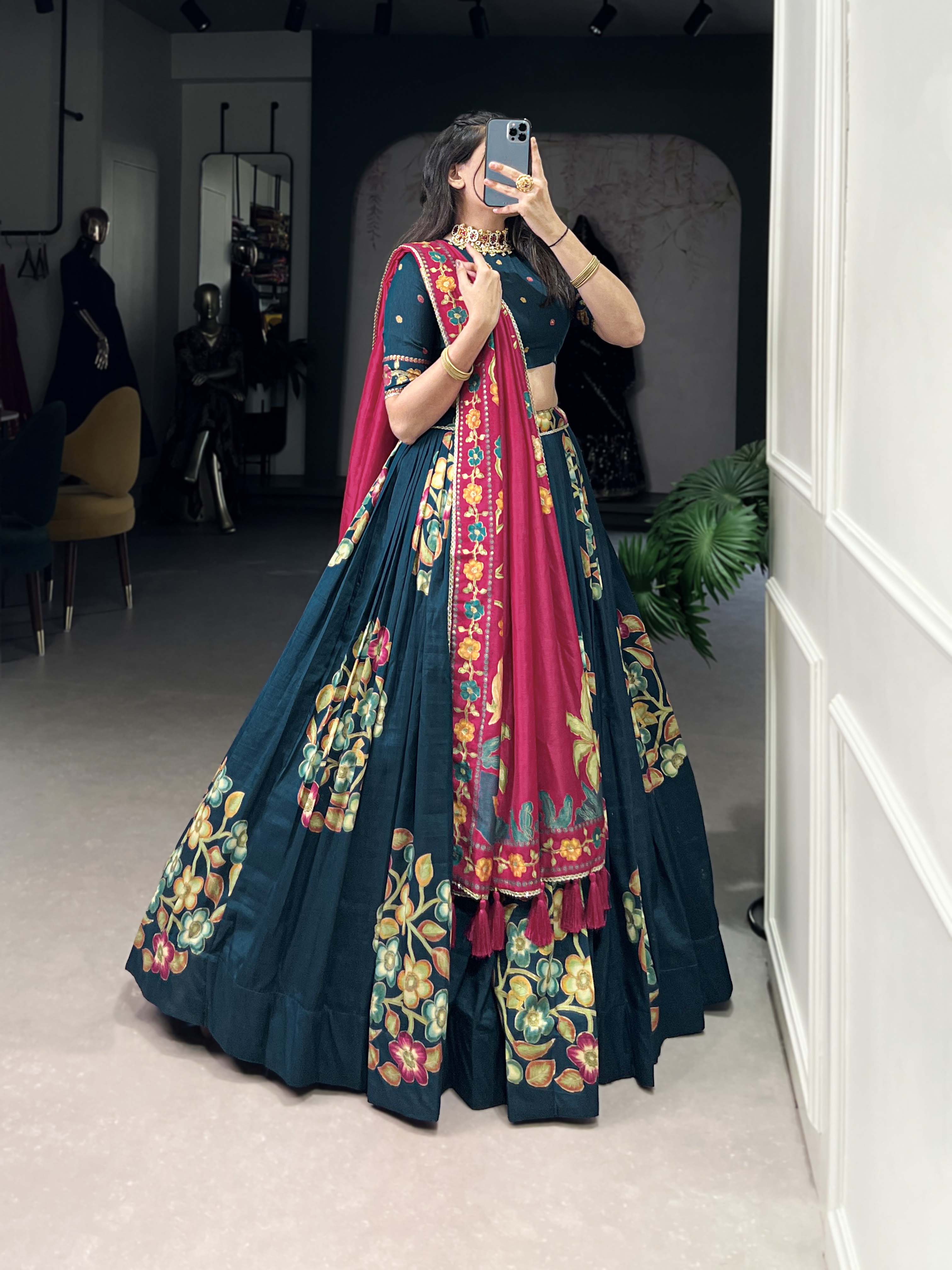 Peacock Blue Color Printed And Foil Work Tussar Silk Lehenga Choli