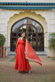 Orange Russian Silk Gown with Exquisite Sequined Embroidery and Lace Border