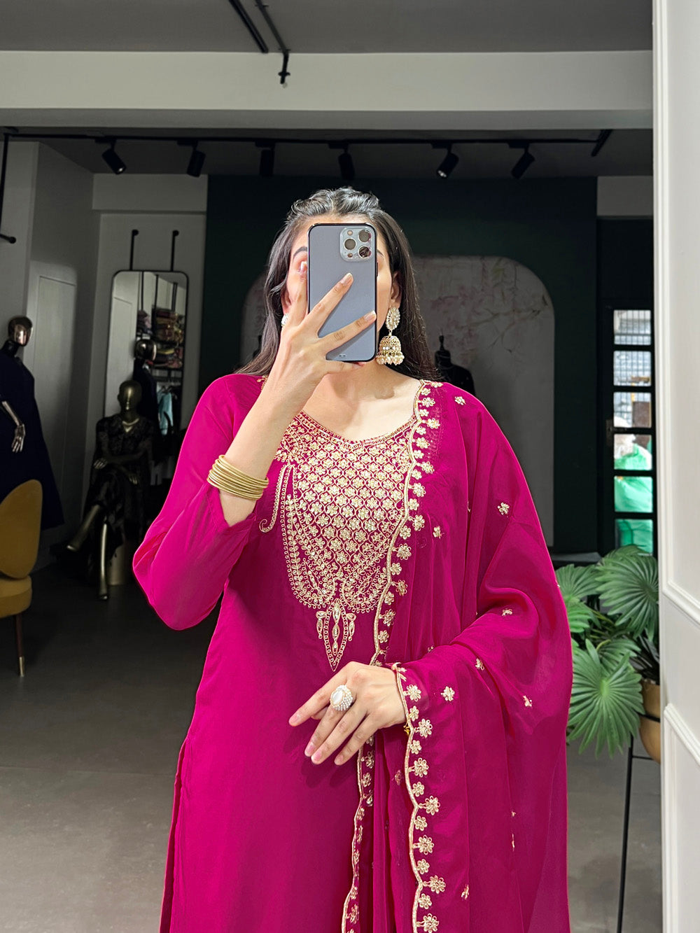Pink Color Sequins And Thread Embroidery Work Organza Salwar Suit