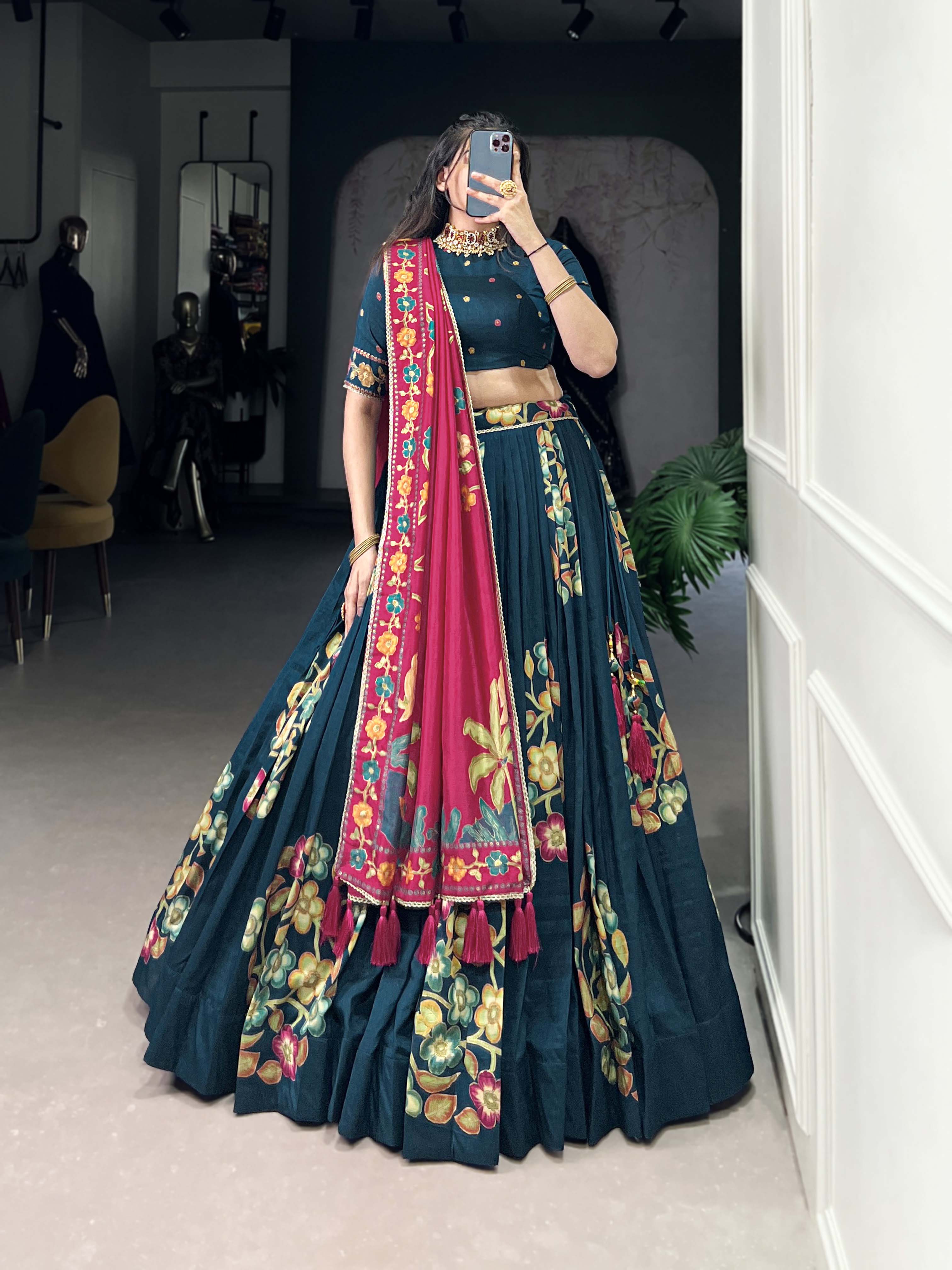 Peacock Blue Color Printed And Foil Work Tussar Silk Lehenga Choli