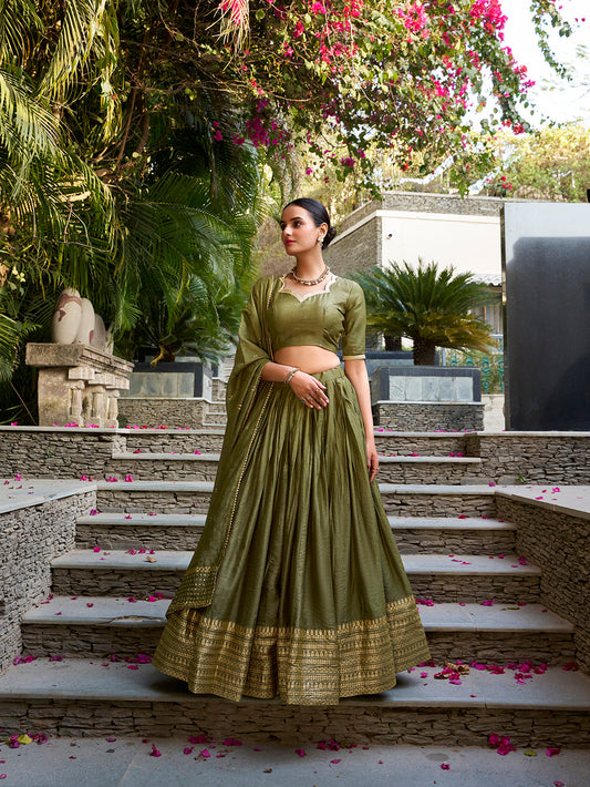 Mehandi Color Plain With Zari Weaving Work Chanderi Lehenga Choli