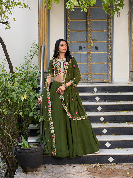 Mehendi Color Plain With Sequins And Thread Embroidery Work Georgette Lehenga Choli