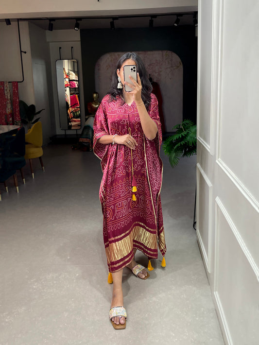 Maroon Color Bandhej Print With Gotta Patti Lace Border Gaji Silk Kaftan