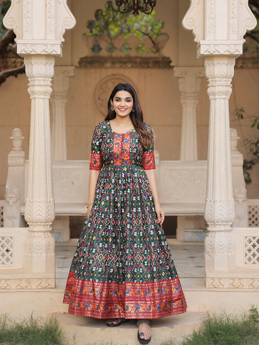 Green Color Patola Paithani Printed And Foil Printed Silk Dress