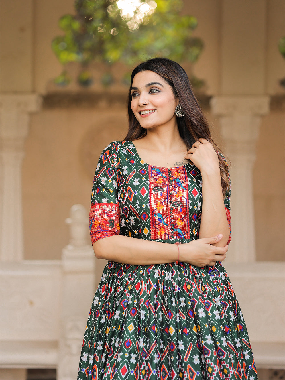 Green Color Patola Paithani Printed And Foil Printed Silk Dress