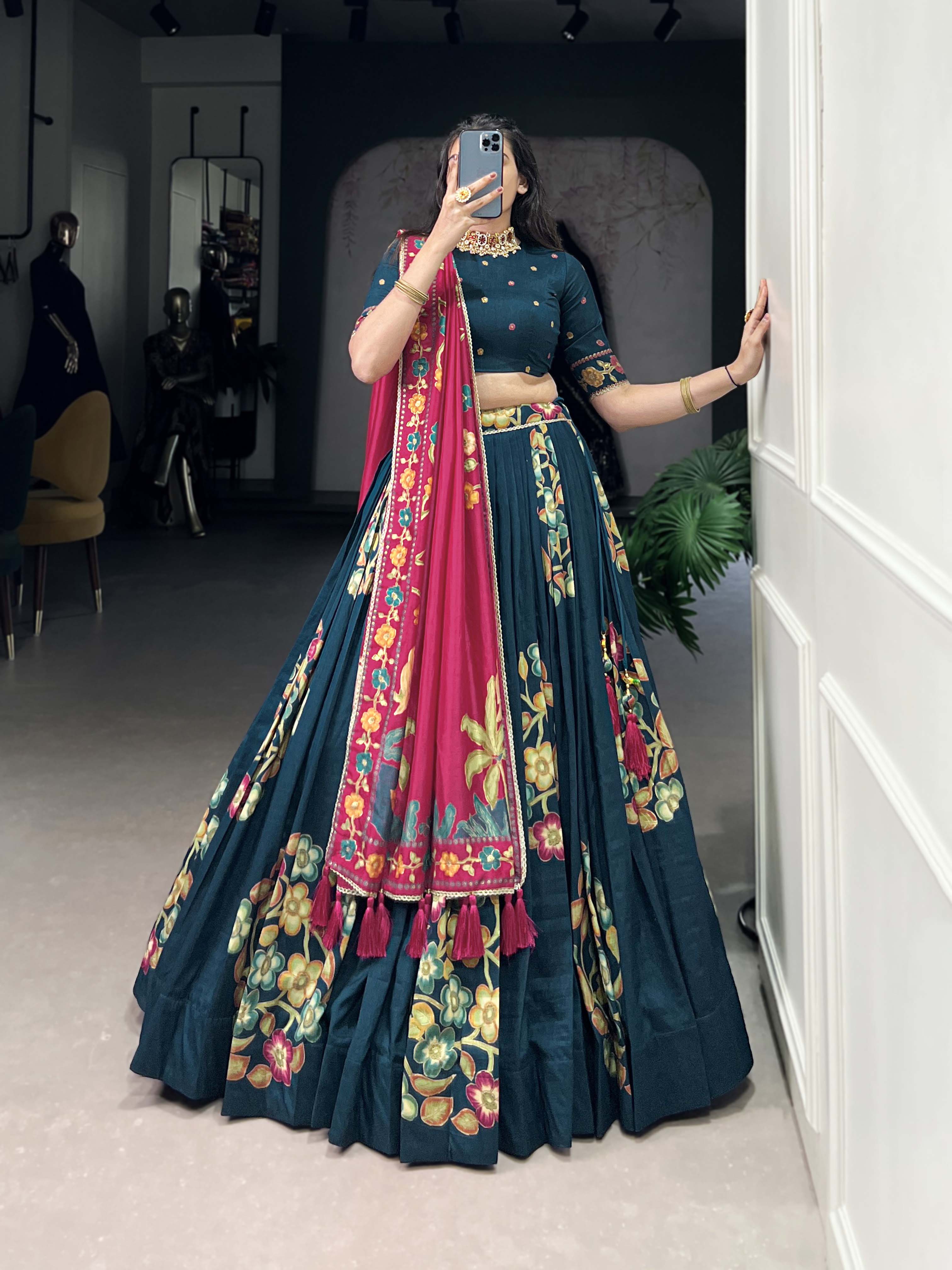 Peacock Blue Color Printed And Foil Work Tussar Silk Lehenga Choli