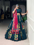 Peacock Blue Color Printed And Foil Work Tussar Silk Lehenga Choli