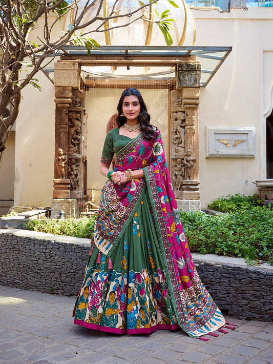 Mehandi Color Kalamkari Print With Foil Work Tussar Silk Lehenga Choli