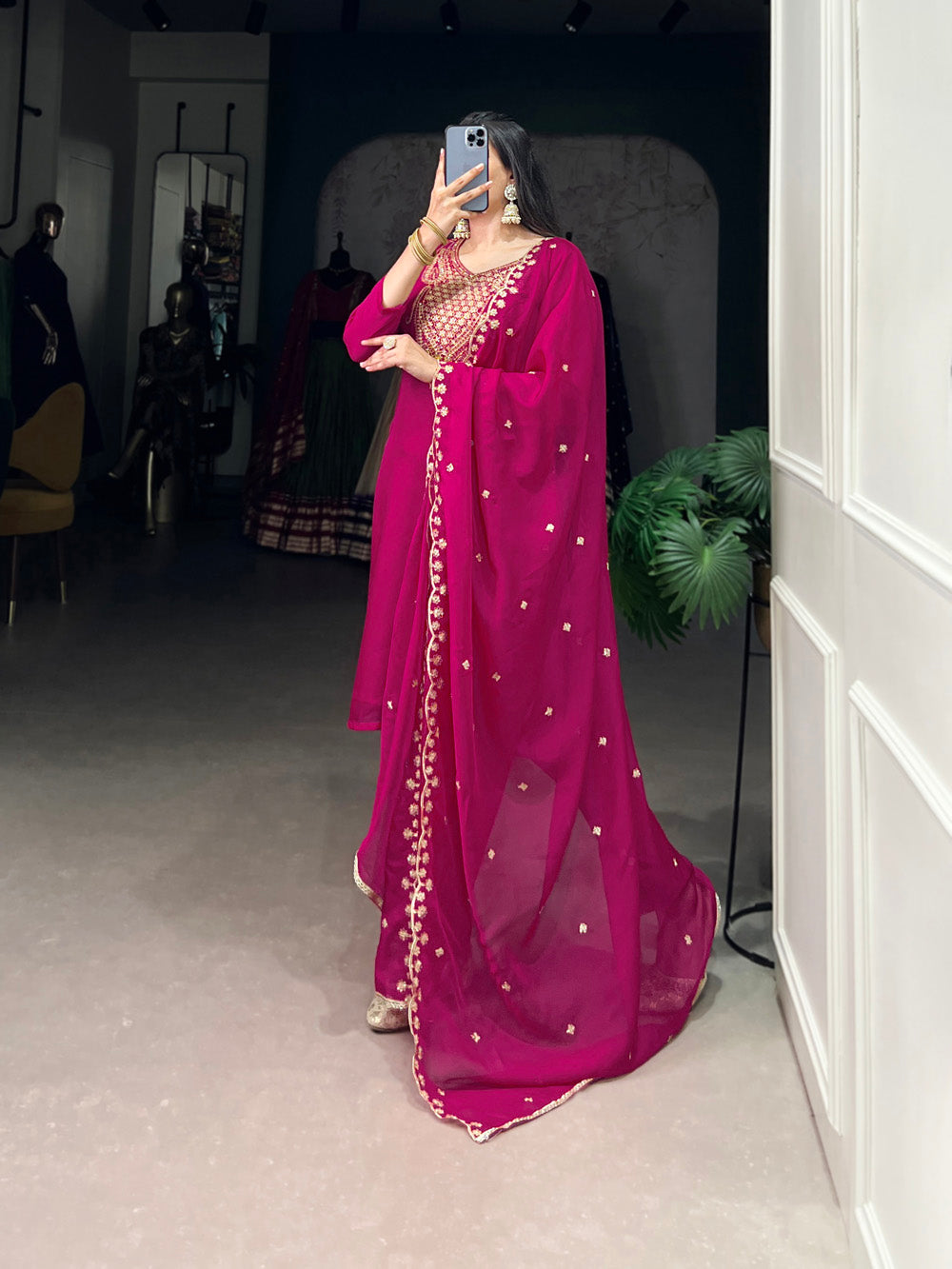 Pink Color Sequins And Thread Embroidery Work Organza Salwar Suit
