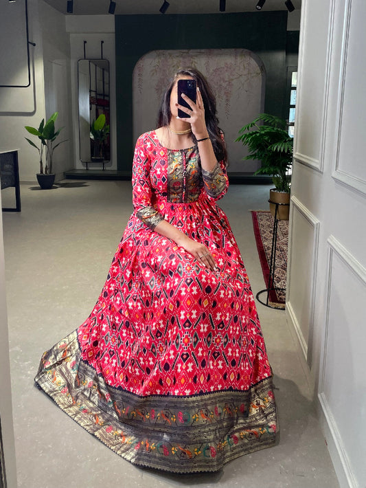 Crimson Color Patola Paithani Printed And Foil Printed Silk Dress