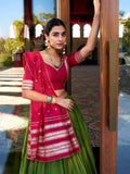 Mehendi Color Plain With Zari Weaving Work border Pure Chanderi Lehenga Choli