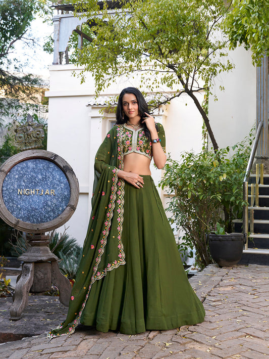 Mehendi Color Plain With Sequins And Thread Embroidery Work Georgette Lehenga Choli