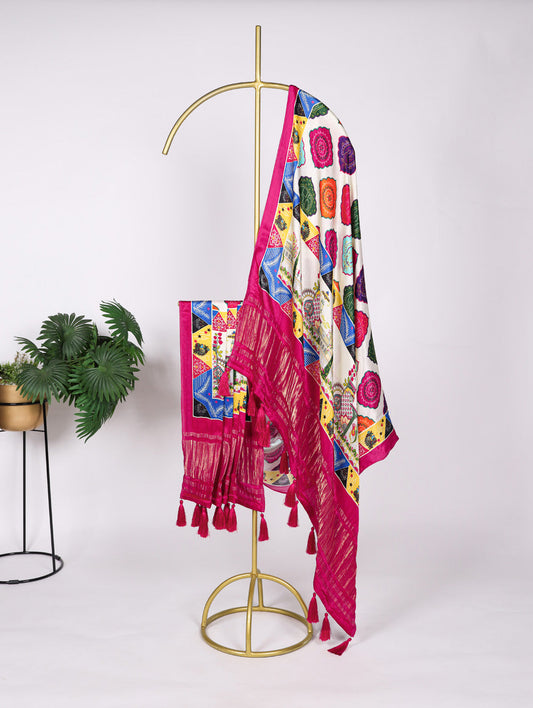 Multi Color Digital Print And Lagadi Patta Gaji Silk Dupatta