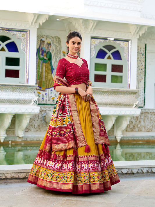 Mustard Color Patola Print With Foil Work Tussar Silk Lehenga Choli