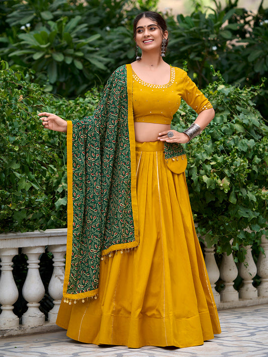 Mustard Color Plain With Gota Patti Cotton Lehenga Choli