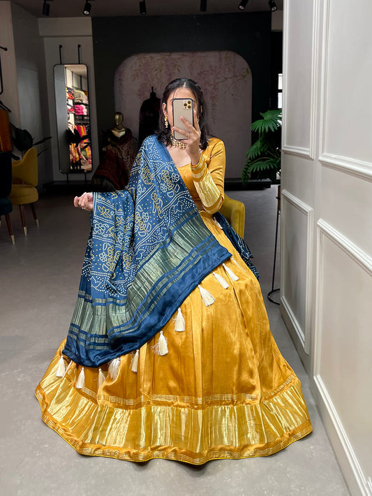 Mustard Color Dyeing With Lagdi Patta Gaji Silk Lehenga Choli