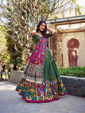 Mehandi Color Kalamkari Print With Foil Work Tussar Silk Lehenga Choli