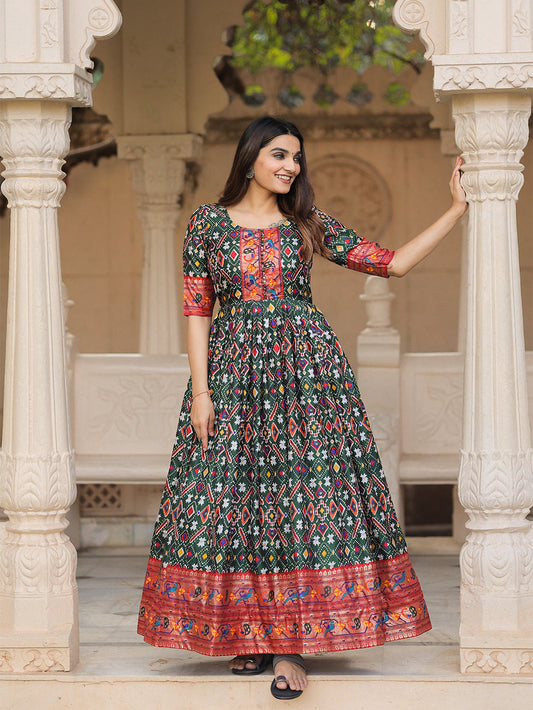 Green Color Patola Paithani Printed And Foil Printed Silk Dress