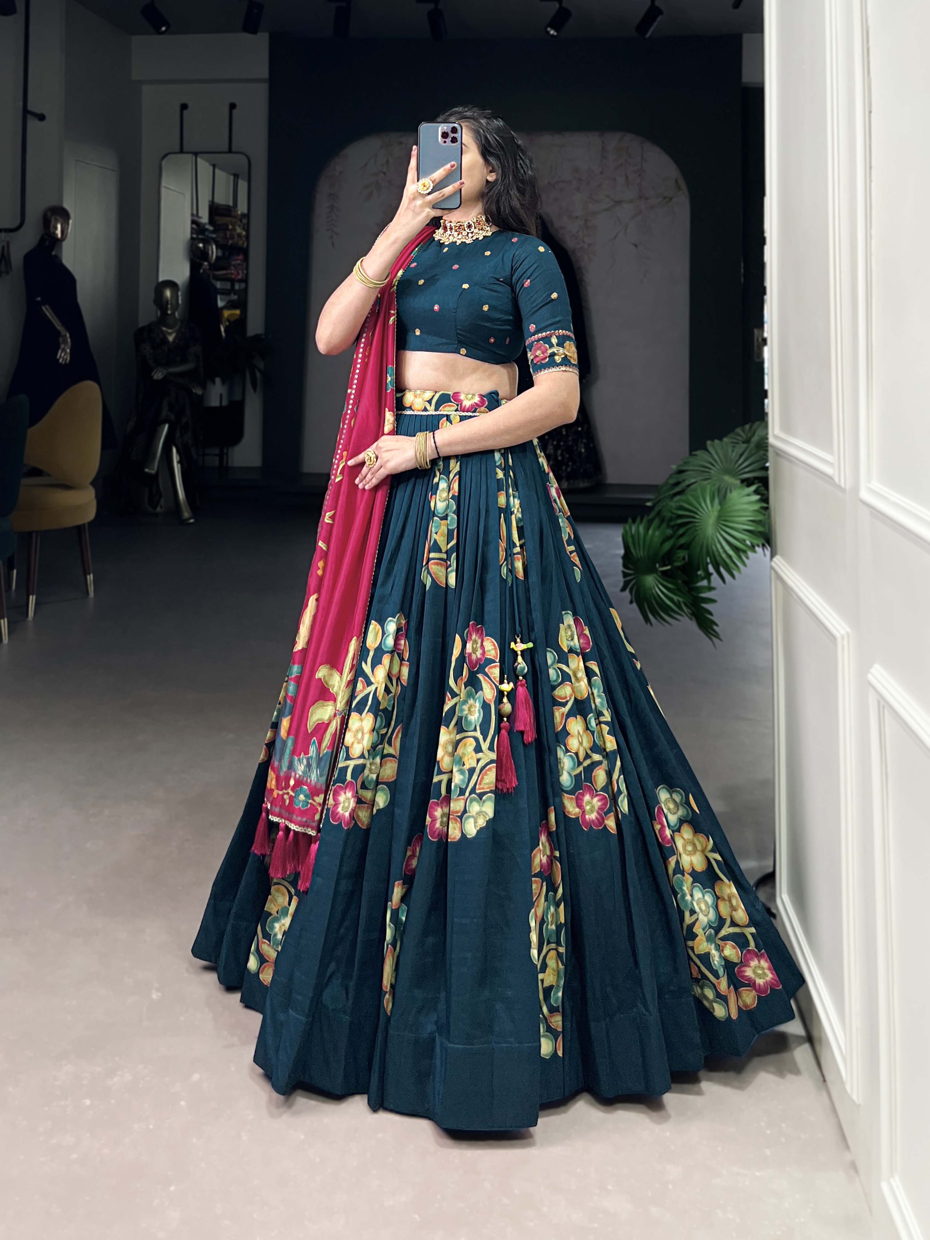 Peacock Blue Color Printed And Foil Work Tussar Silk Lehenga Choli