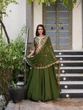 Mehendi Color Plain With Sequins And Thread Embroidery Work Georgette Lehenga Choli