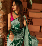 Quintessential Dark Green Banarasi Silk Saree with Magnificent Blouse