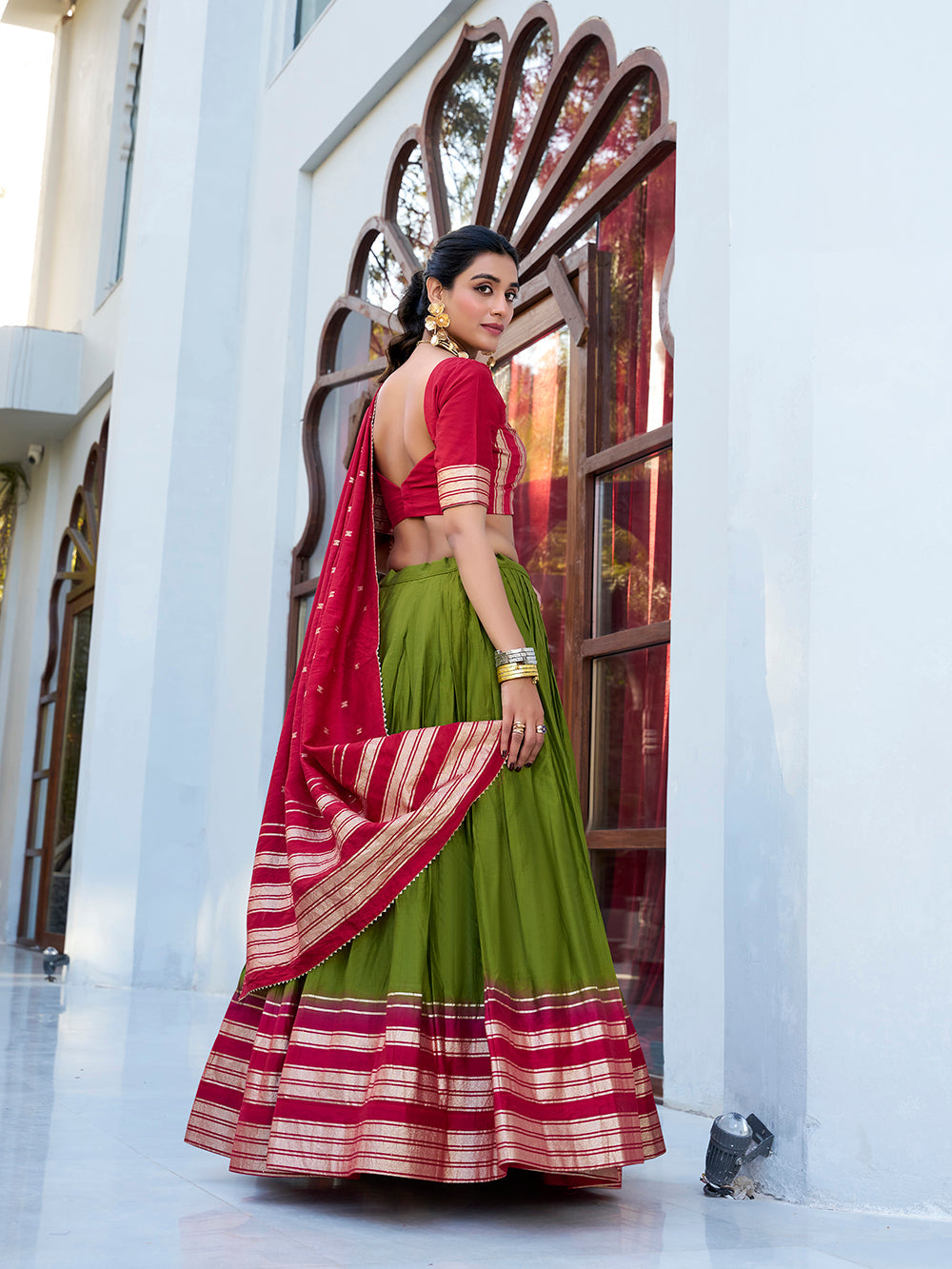 Mehendi Color Plain With Zari Weaving Work border Pure Chanderi Lehenga Choli