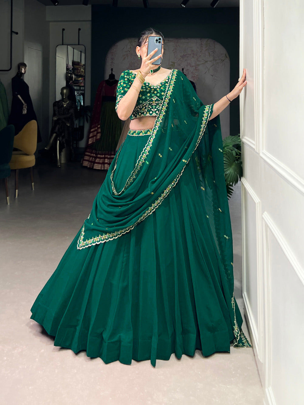 Bottle Green Color Thread Embroidery Work Georgette Lehenga Choli