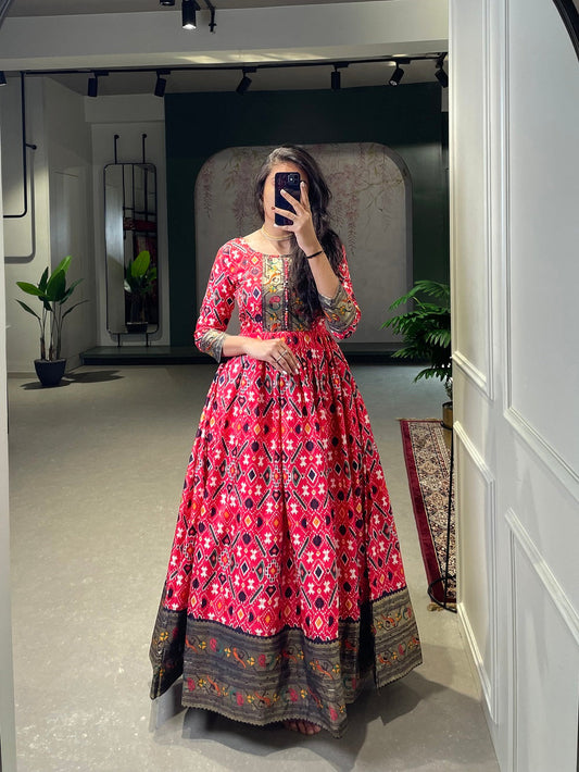 Crimson Color Patola Paithani Printed And Foil Printed Silk Dress