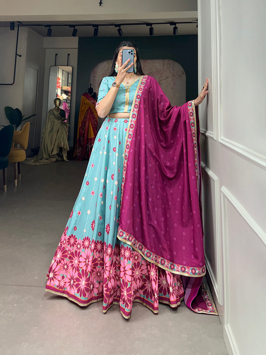 Sky Blue Printed With Sequins Work Vaishali silk Lehenga Choli