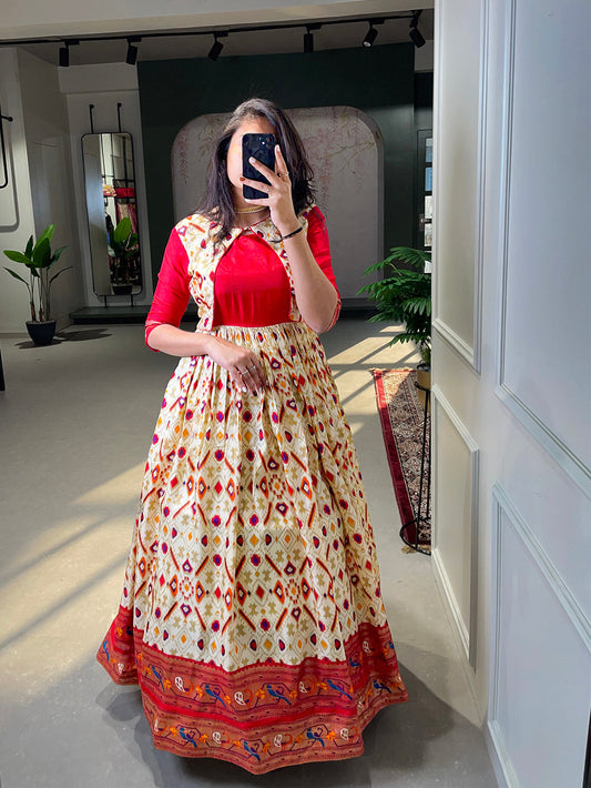 White Color Patola Paithani Printed And Foil Printed Dola Silk Dress