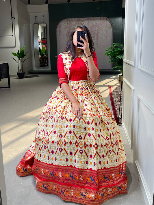 White Color Patola Paithani Printed And Foil Printed Dola Silk Dress