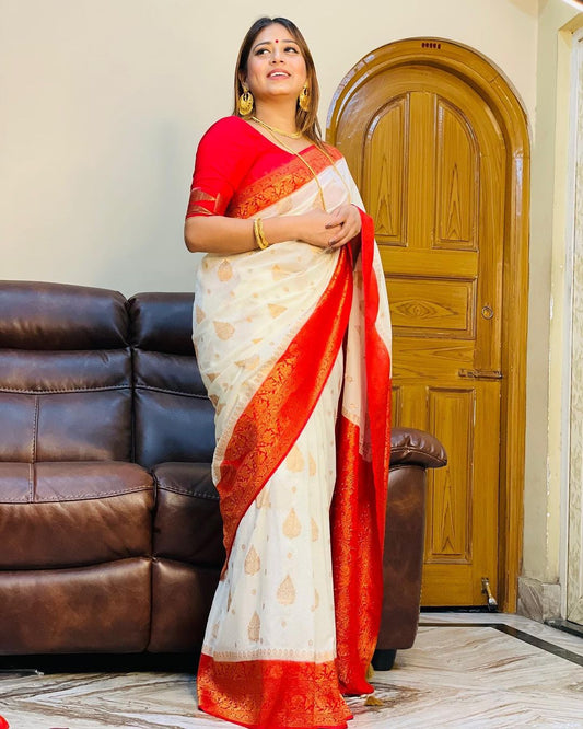 White Red Pure Soft Kota Silk Saree with Intricate Design and Blouse Piece