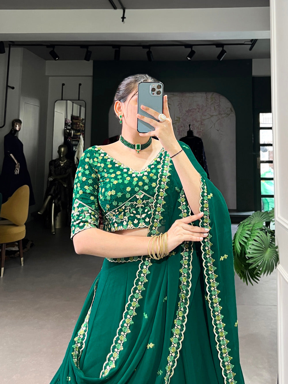 Bottle Green Color Thread Embroidery Work Georgette Lehenga Choli
