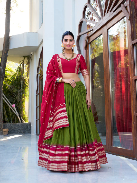 Mehendi Color Plain With Zari Weaving Work border Pure Chanderi Lehenga Choli